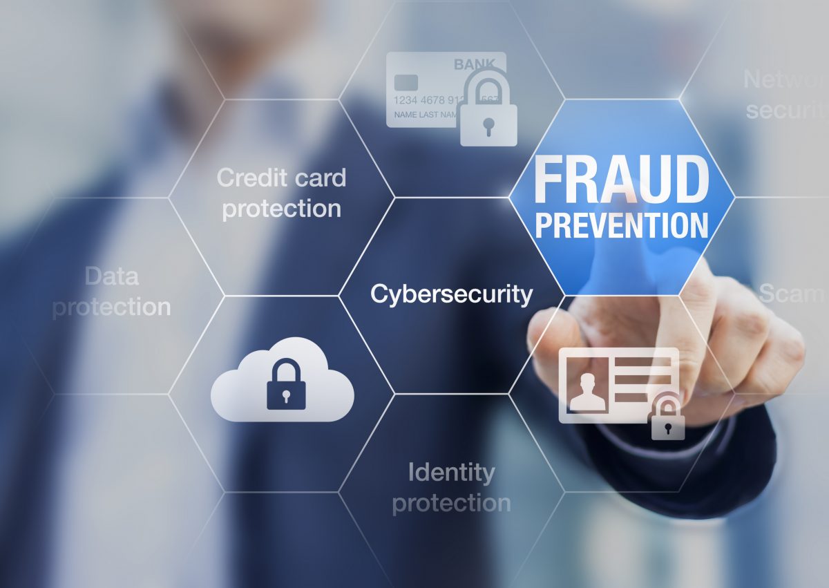 fraud prevention grid with someone pointing at the words fraud prevention