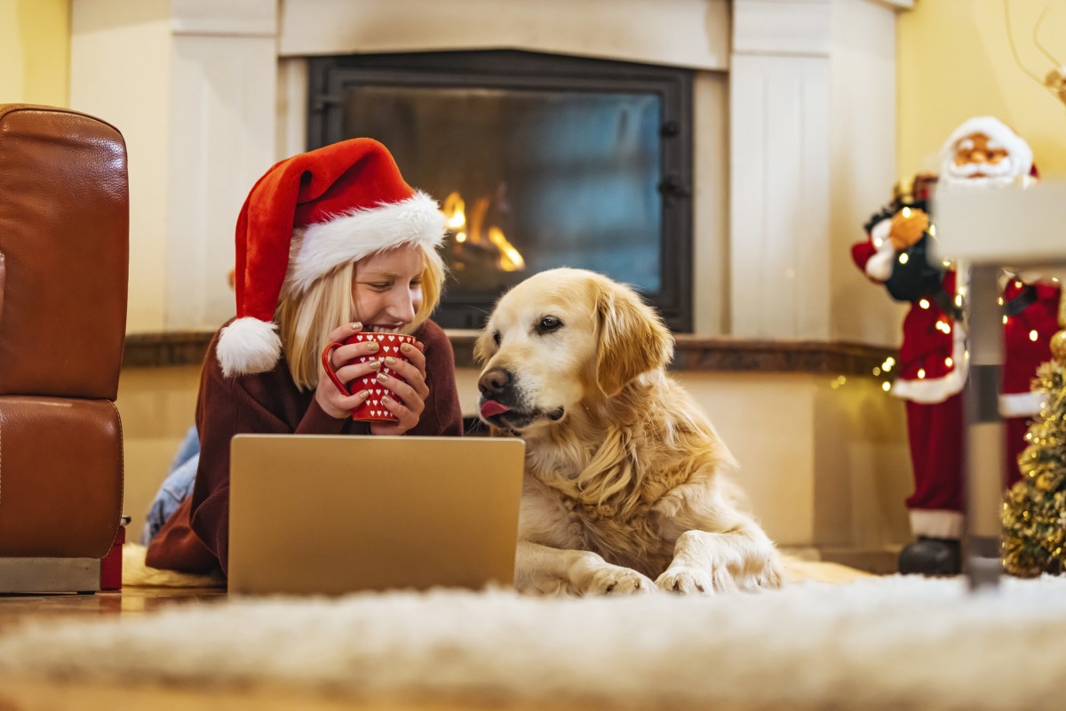 Woman laying on her living room floor with her laptop and her dog. The woman is wearing a holiday hat.